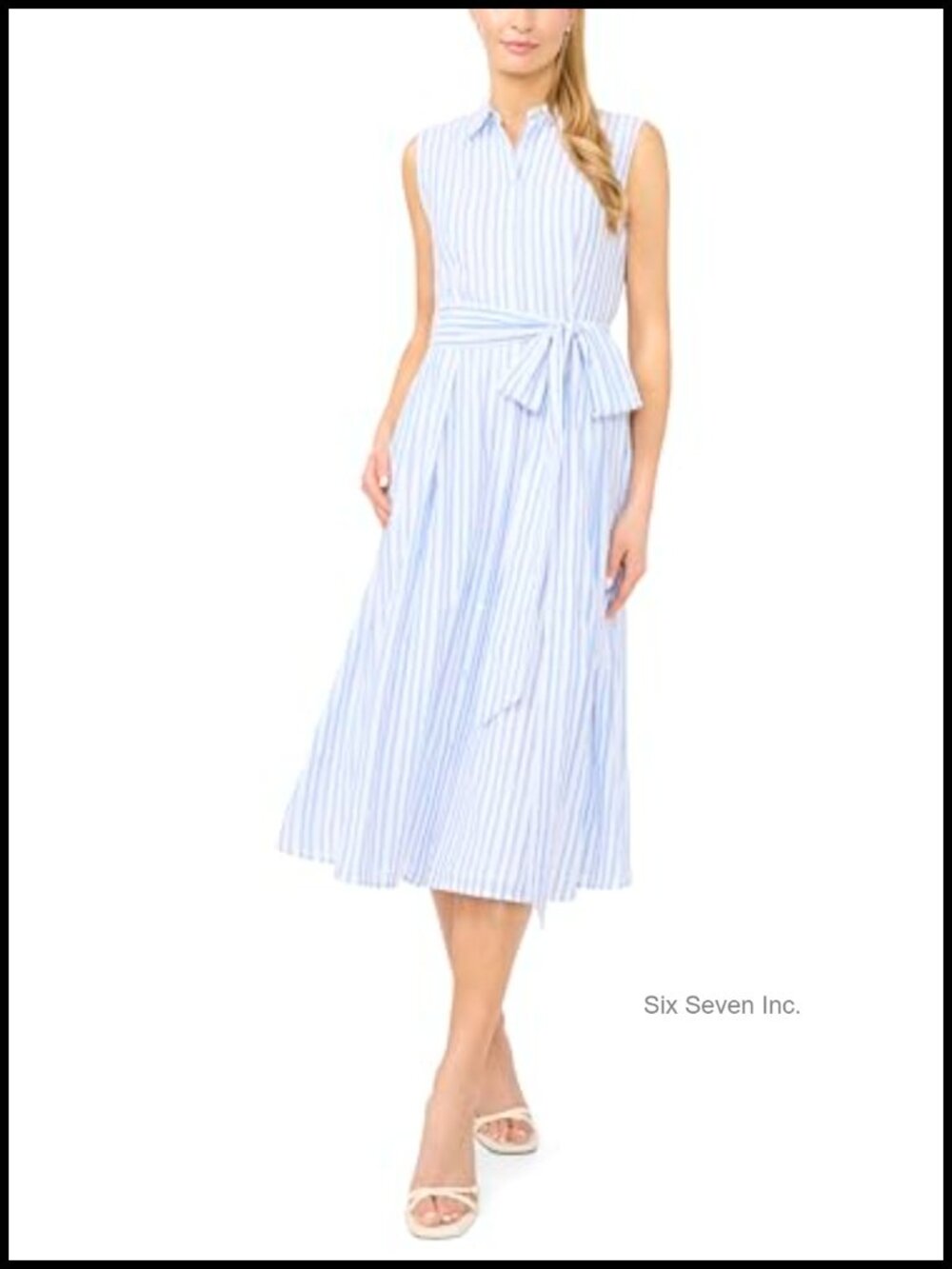 Striped Sleeveless Collared Button Down Midi Dress Cotton